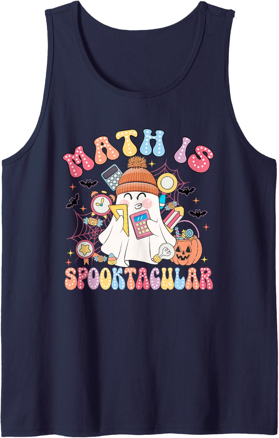 Math is Spooktacular Math Teacher Spooky Halloween Sleeveless Tank Top - Navy Blue