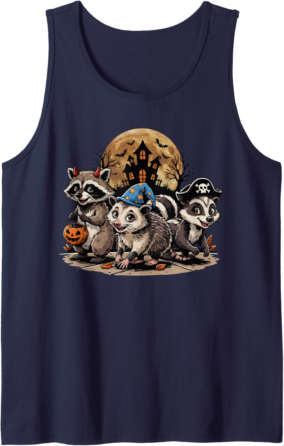 Halloween Raccoon Trick or Treat Retro Opossum and Skunk Sleeveless Tank Top - Navy Blue