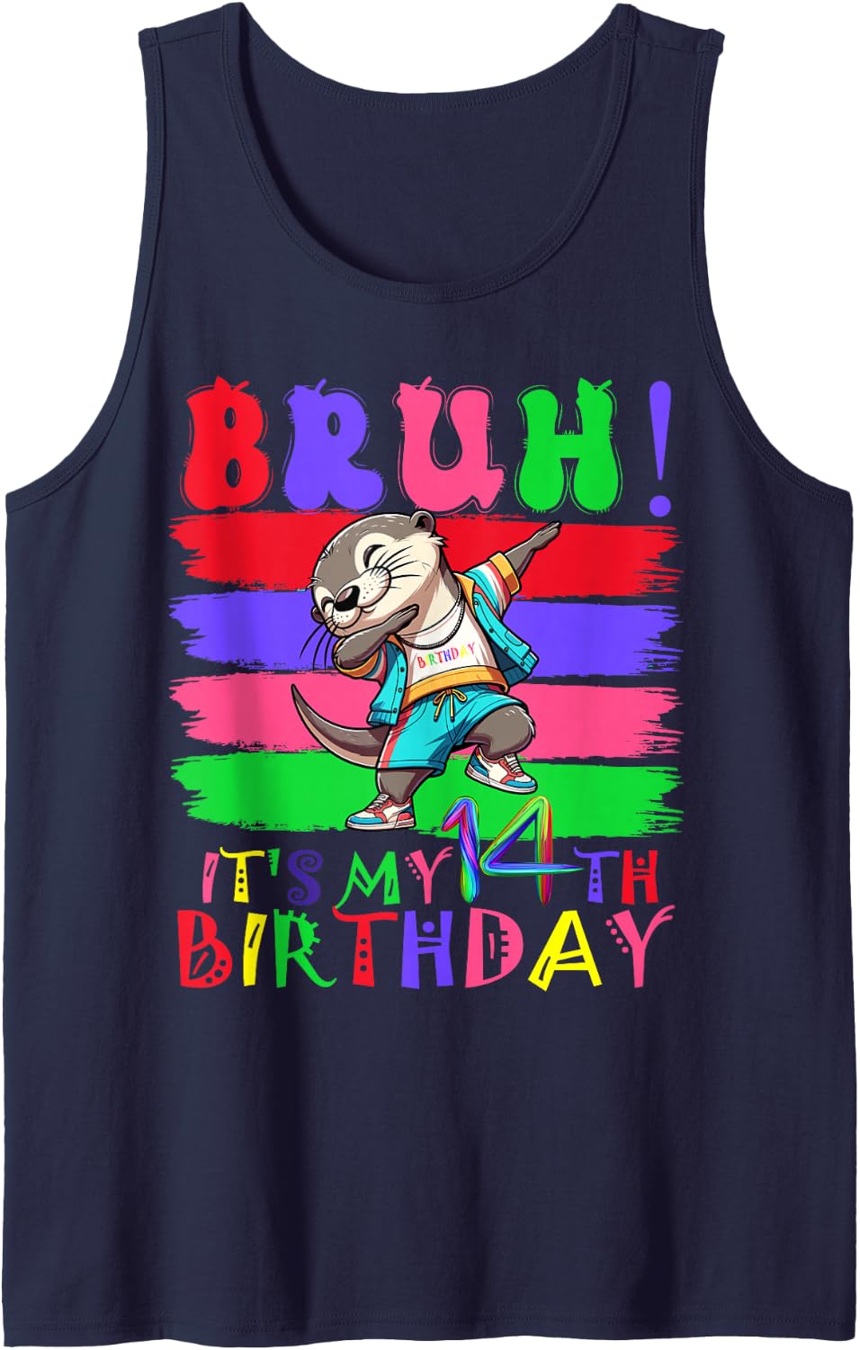 14 Year Old It's My 14th Birthday Otter Dabbing boy Girl Sleeveless Tank Top - Navy Blue