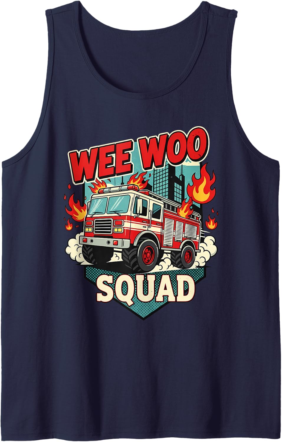 Funny Wee Woo Squad Fire Department Firefighter Fire Truck Tank Top - Navy Blue