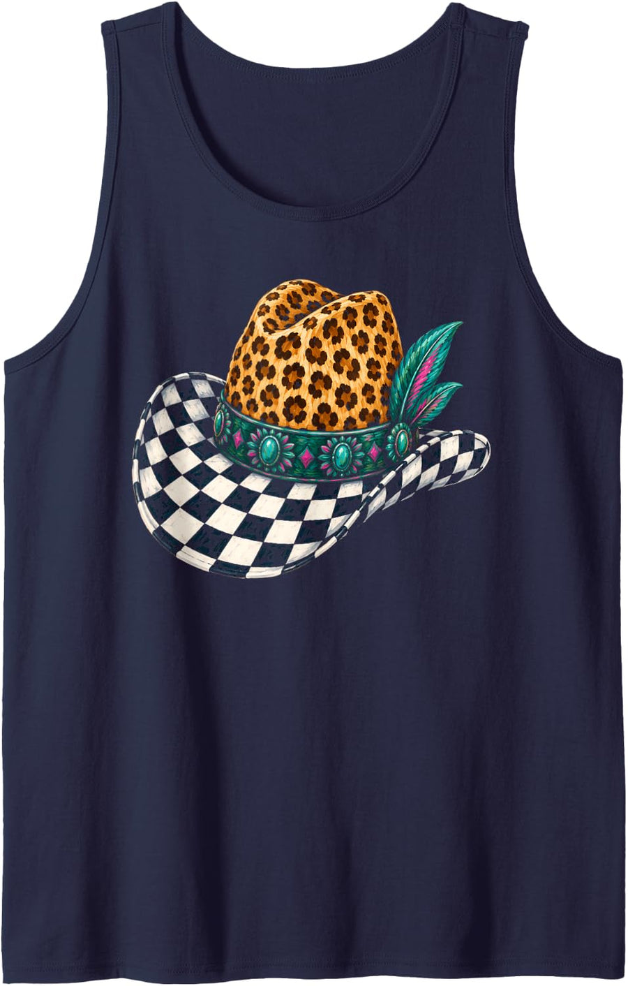 Western Hat Checkered Leopard Cowgirl Rodeo Country Sleeveless Tank Top - Navy Blue