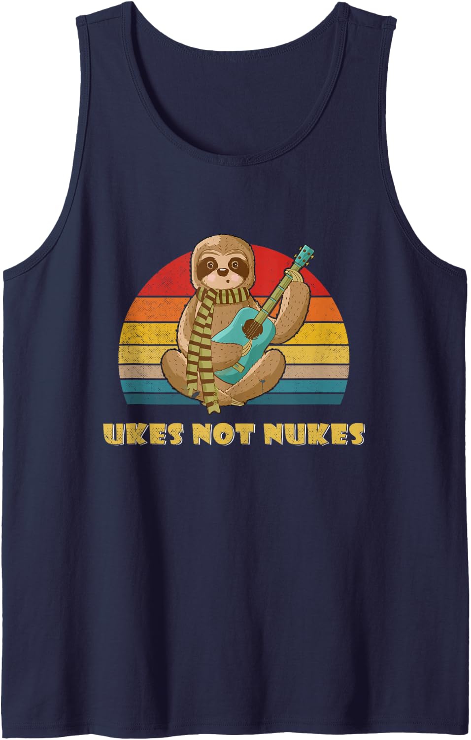 Retro Funny Cute Sloth Playing Ukulele - Ukes not Nukes Sleeveless Tank Top - Navy Blue