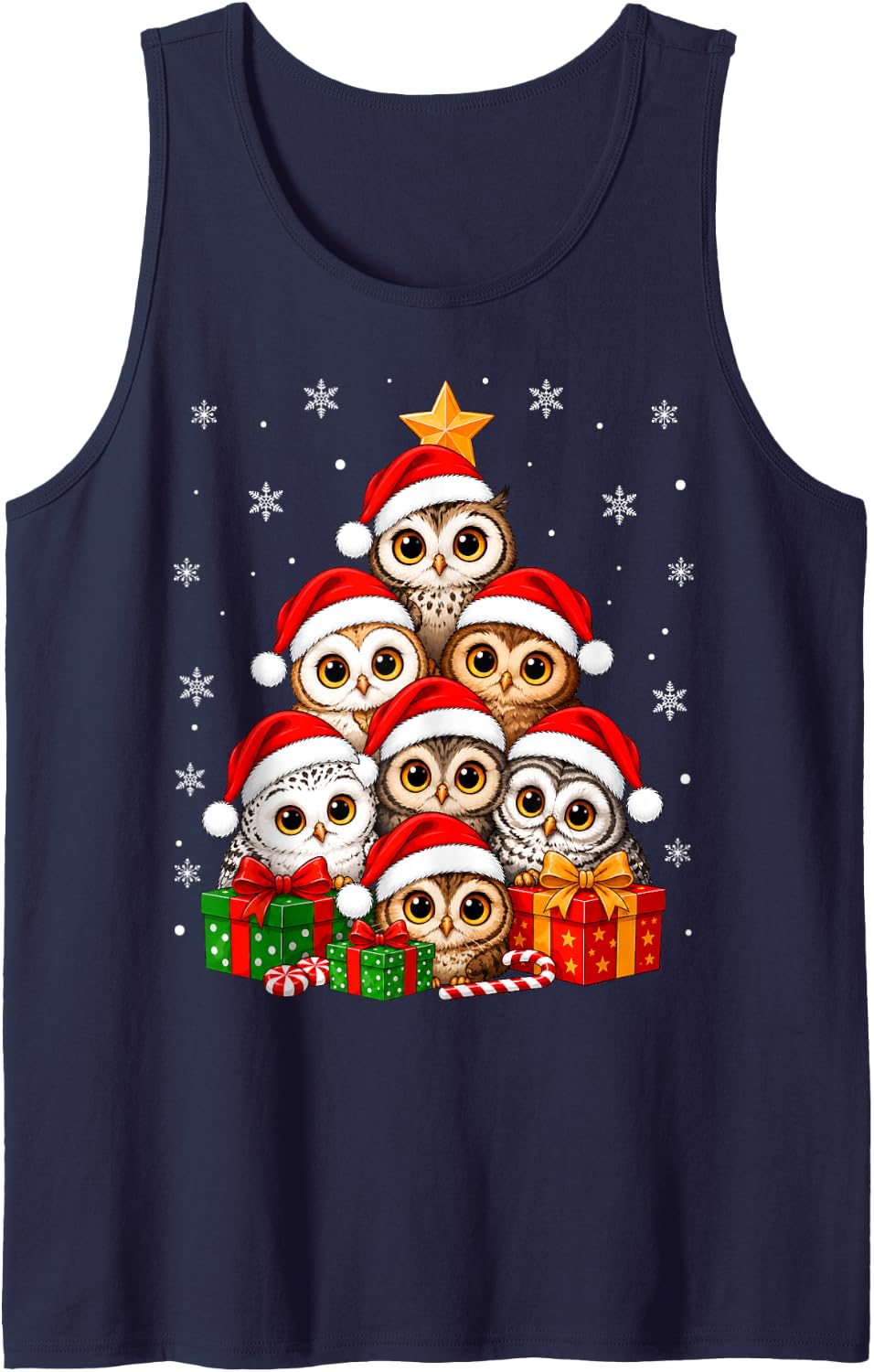 Owl Christmas Tree Cute Festive Santa Owl Bird Xmas Sleeveless Tank Top - Navy Blue