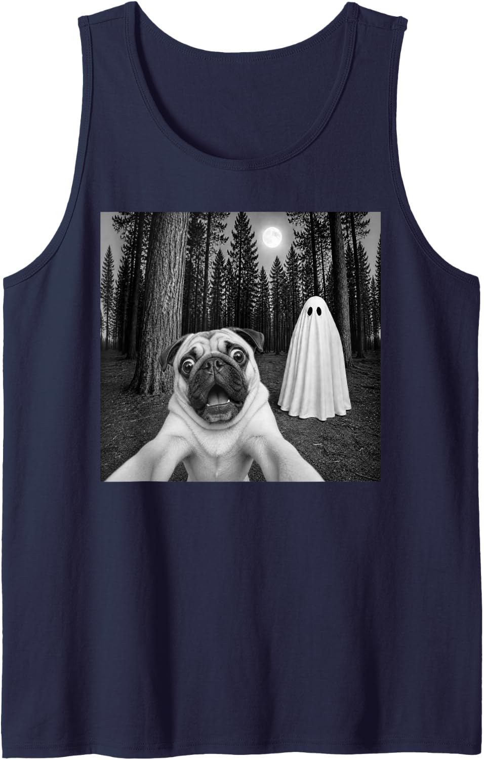 Spooky Pug Selfie with Ghost Halloween Dog Sleeveless Tank Top - Navy Blue