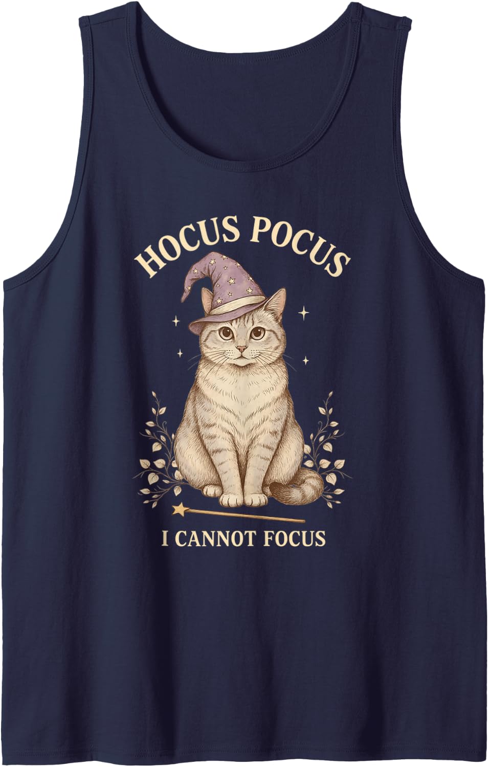 Hocus Pocus I Cannot Focus Tabby Kitten Witch Cat Sleeveless Tank Top - Navy Blue