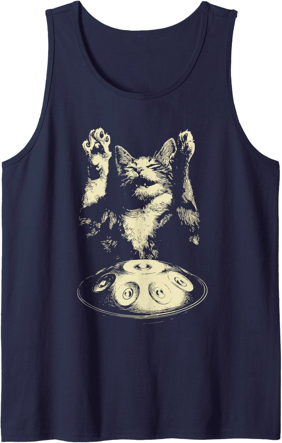 Tabby Cat Playing Handpan Drum Feline Animal Percussionist Sleeveless Tank Top - Navy Blue