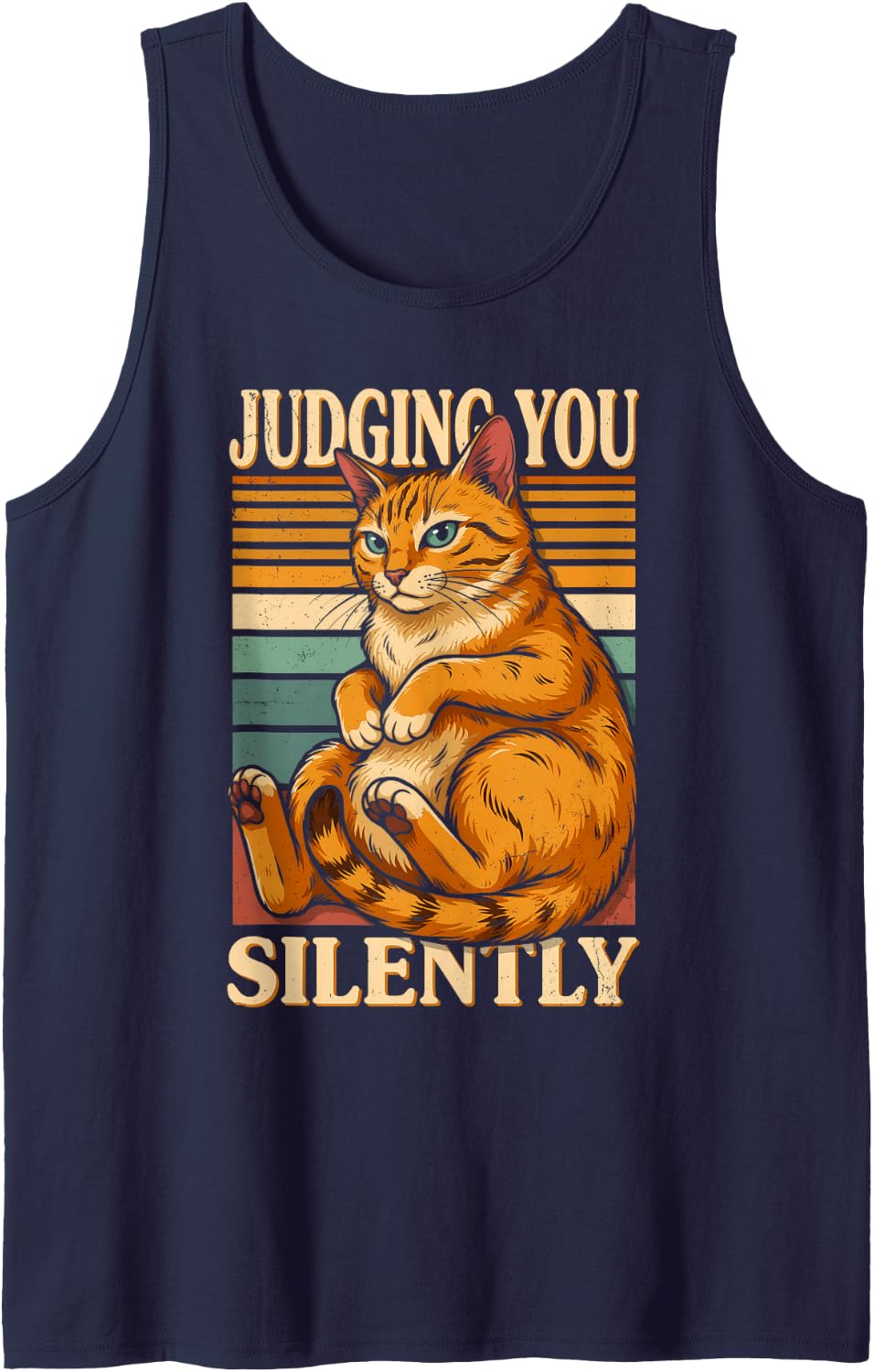 Judging You Silently Orange Tabby Cat Humor Tank Top - Navy Blue