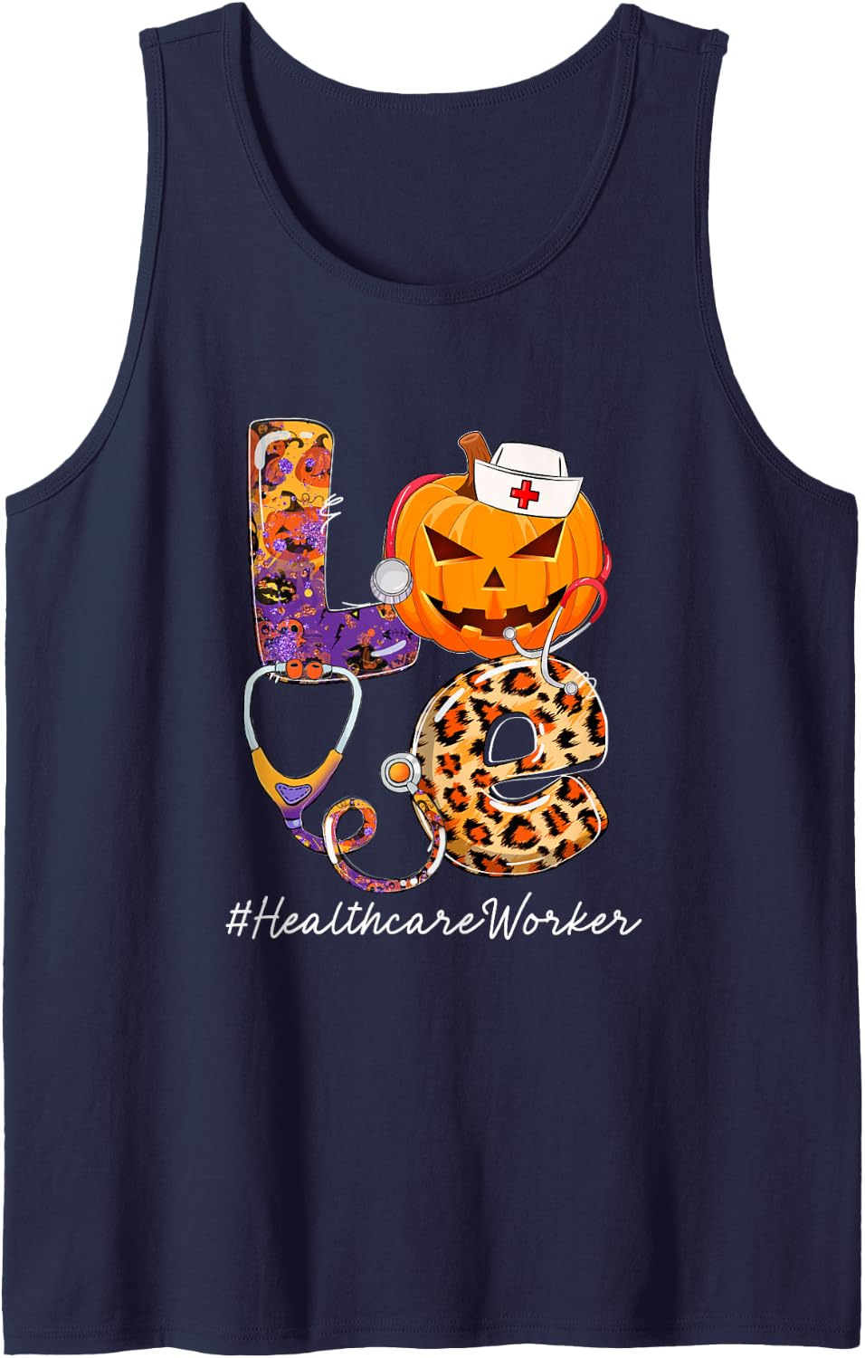 Love Healthcare Worker Pumpkin Stethoscope Halloween Costume Sleeveless Tank Top - Navy Blue