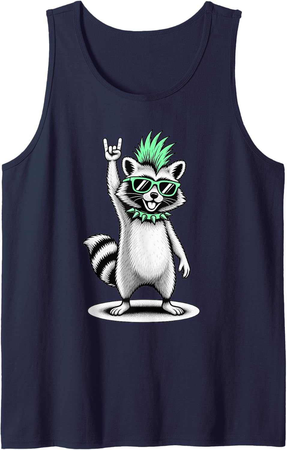 Funny Punk Rock Raccoon Mohawk Sunglasses Trash Panda Sleeveless Tank Top - Navy Blue