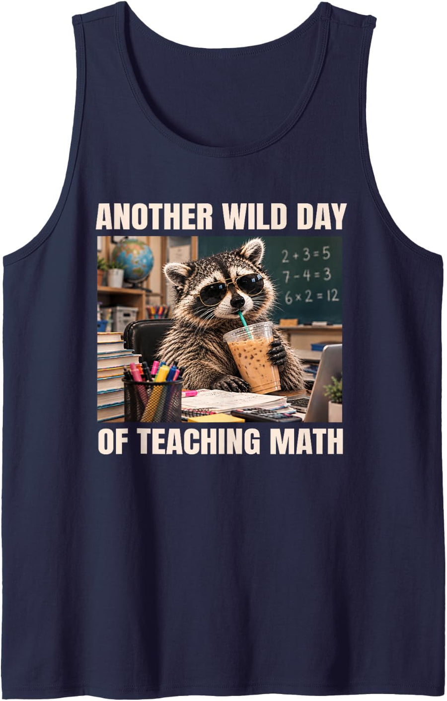 Funny Math Teacher Raccoon Drinking Iced Coffee Sleeveless Tank Top - Navy Blue