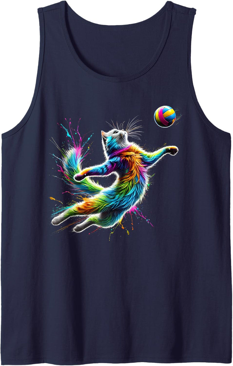 Colorful Cat Playing Volleyball Player Kitten Lover Sleeveless Tank Top - Navy Blue