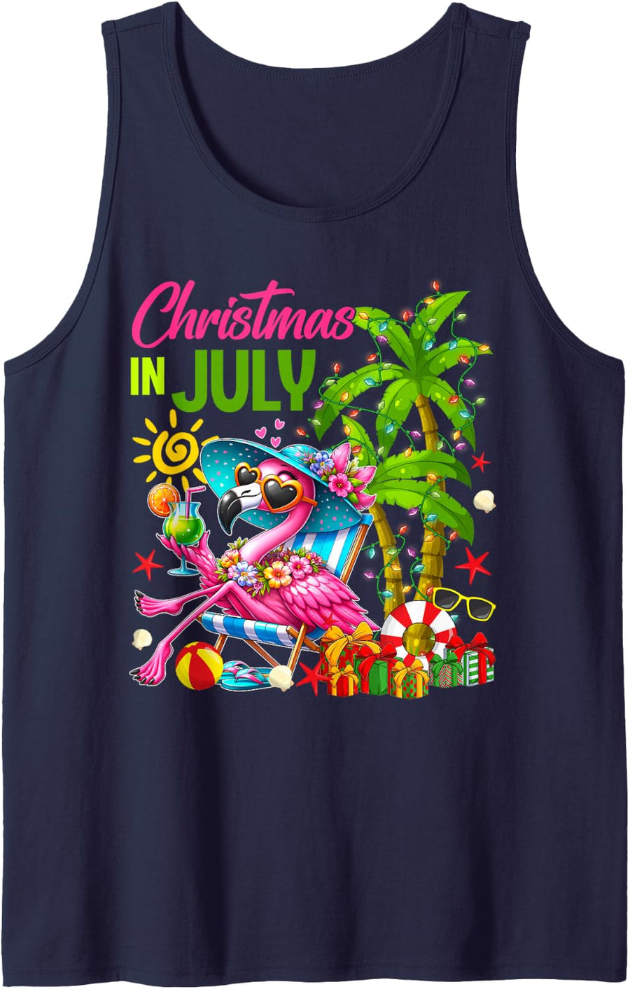 Christmas in July Flamingo Drinking Cocktail Summer Women Tank Top - Navy Blue