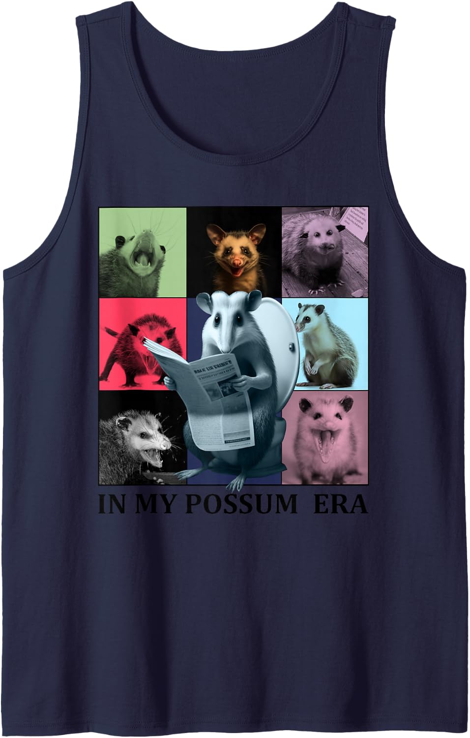 in My Feral Era Funny Opossum Meme in My Possum Era Sleeveless Tank Top - Navy Blue