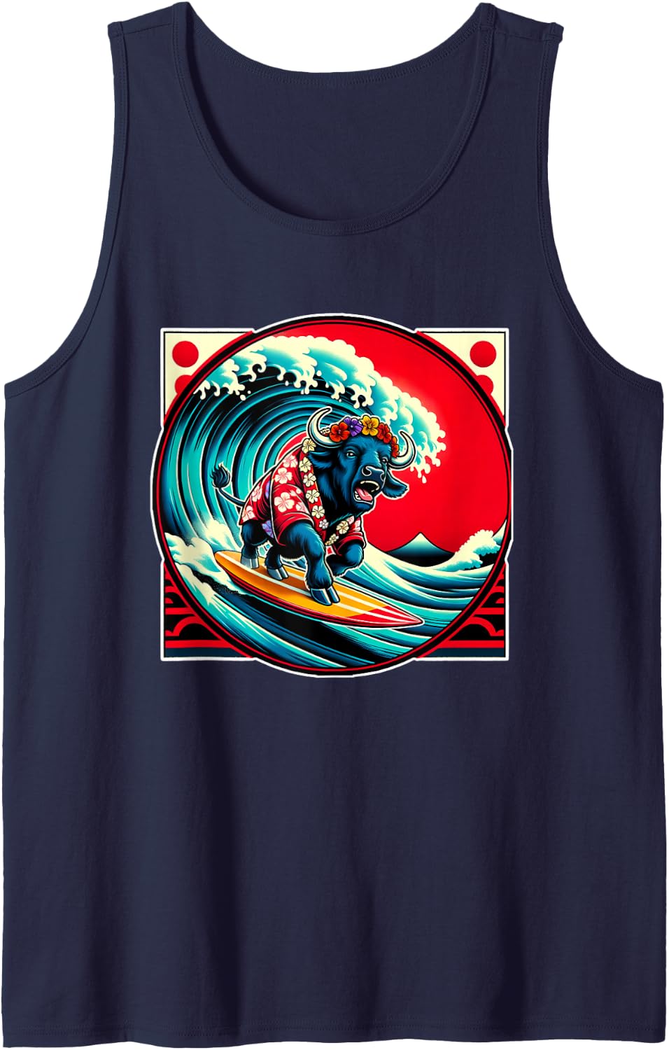 Great Wave Kanagawa Buffalo Surfing Sleeveless Tank Top - Navy Blue