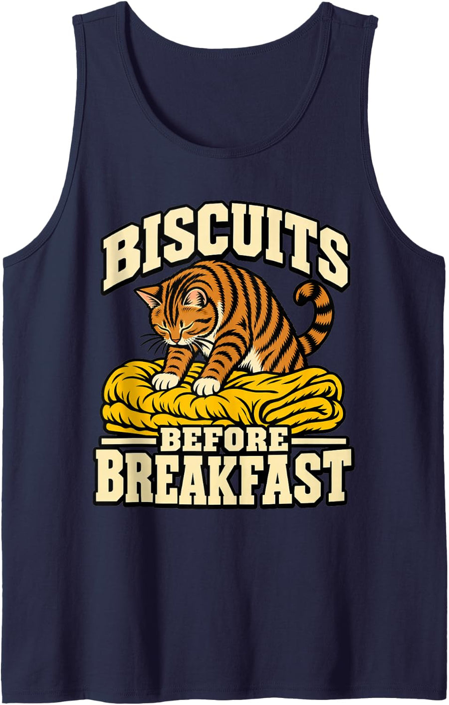 Tabby Cat Biscuits Before Breakfast Paws Lover Funny Sleeveless Tank Top - Navy Blue