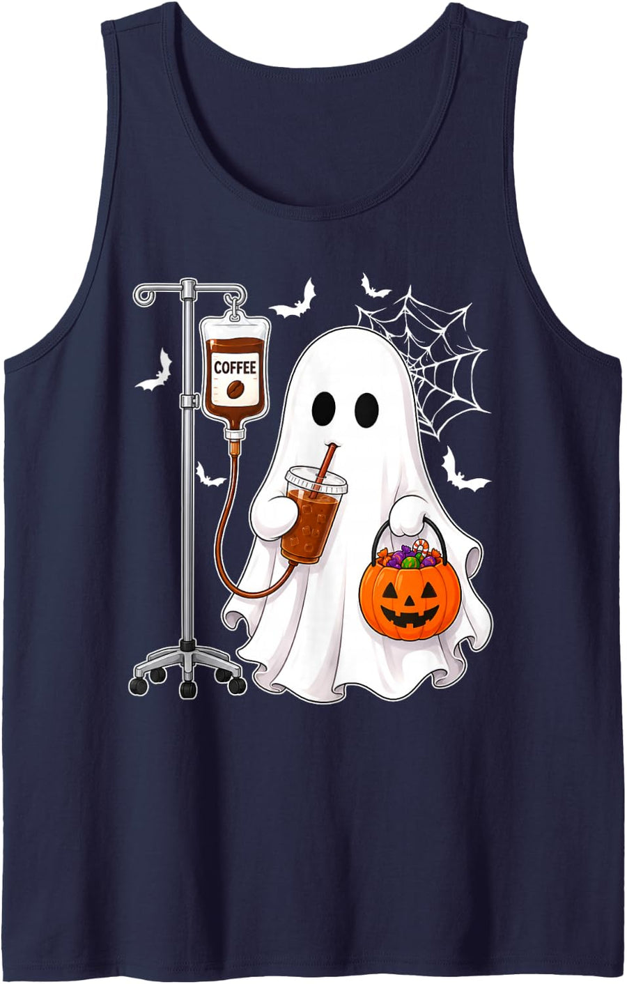 Boo Ghost Drinking Iced Coffee Lover Halloween Costume Party Sleeveless Tank Top - Navy Blue