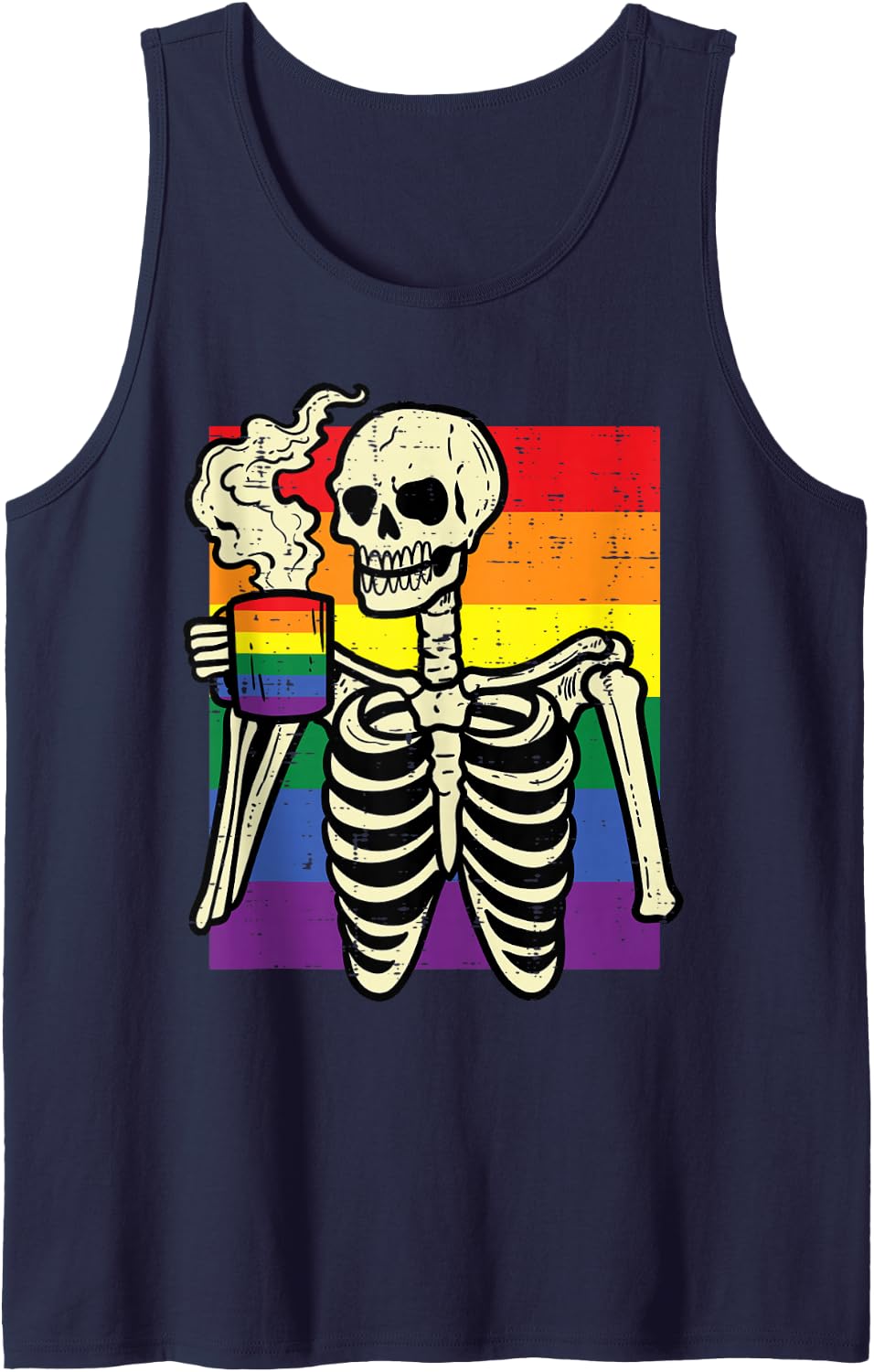 Gay Pride Skeleton Coffee Funny Rainbow Flag LGBTQ Men Women Tank Top - Navy Blue