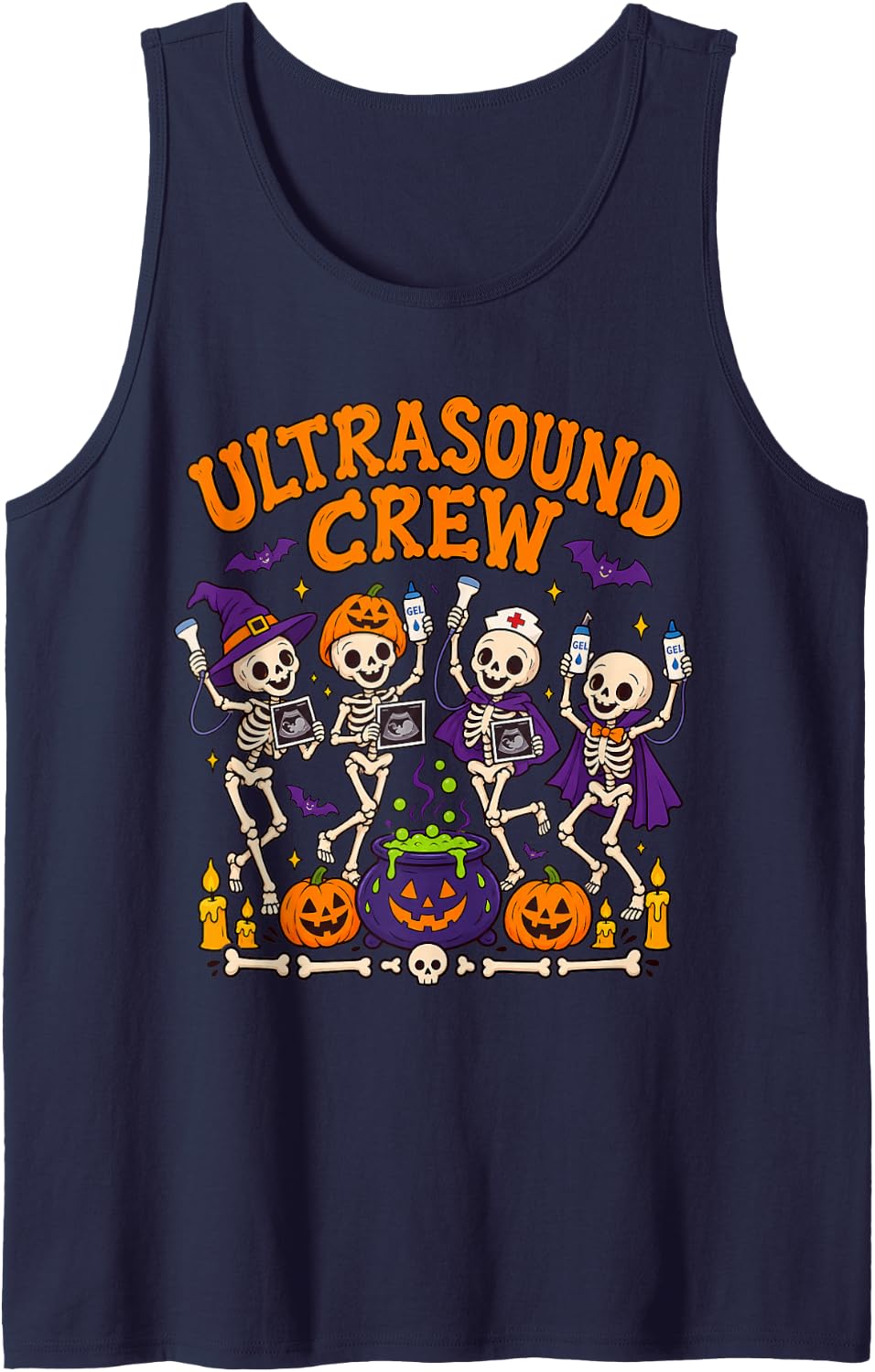 Ultrasound Crew Dancing Skeletons Halloween Party Sleeveless Tank Top - Navy Blue