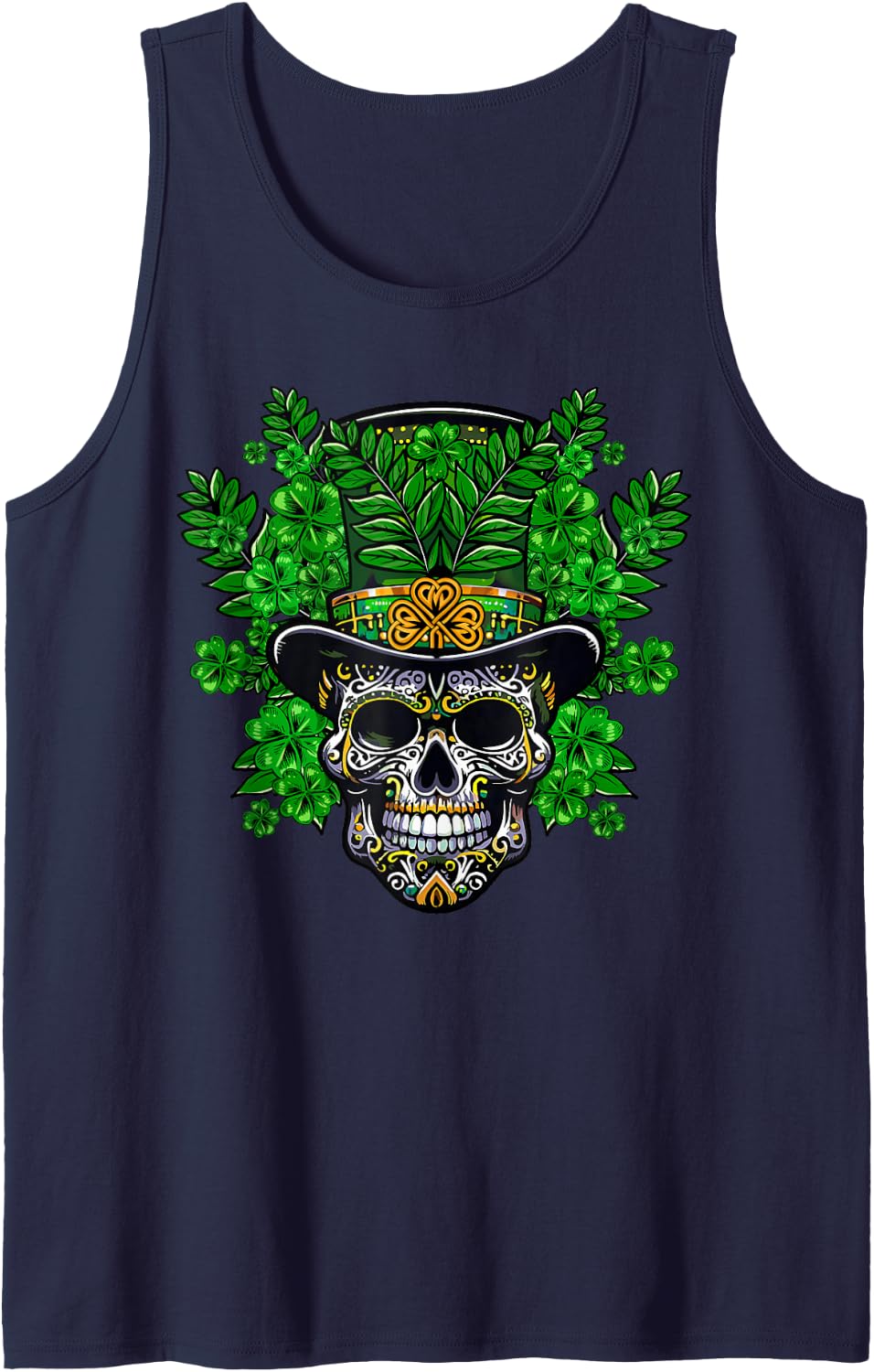 Skull Skeleton St Patrick's Day Lucky Shamrock Ireland Irish Sleeveless Tank Top - Navy Blue