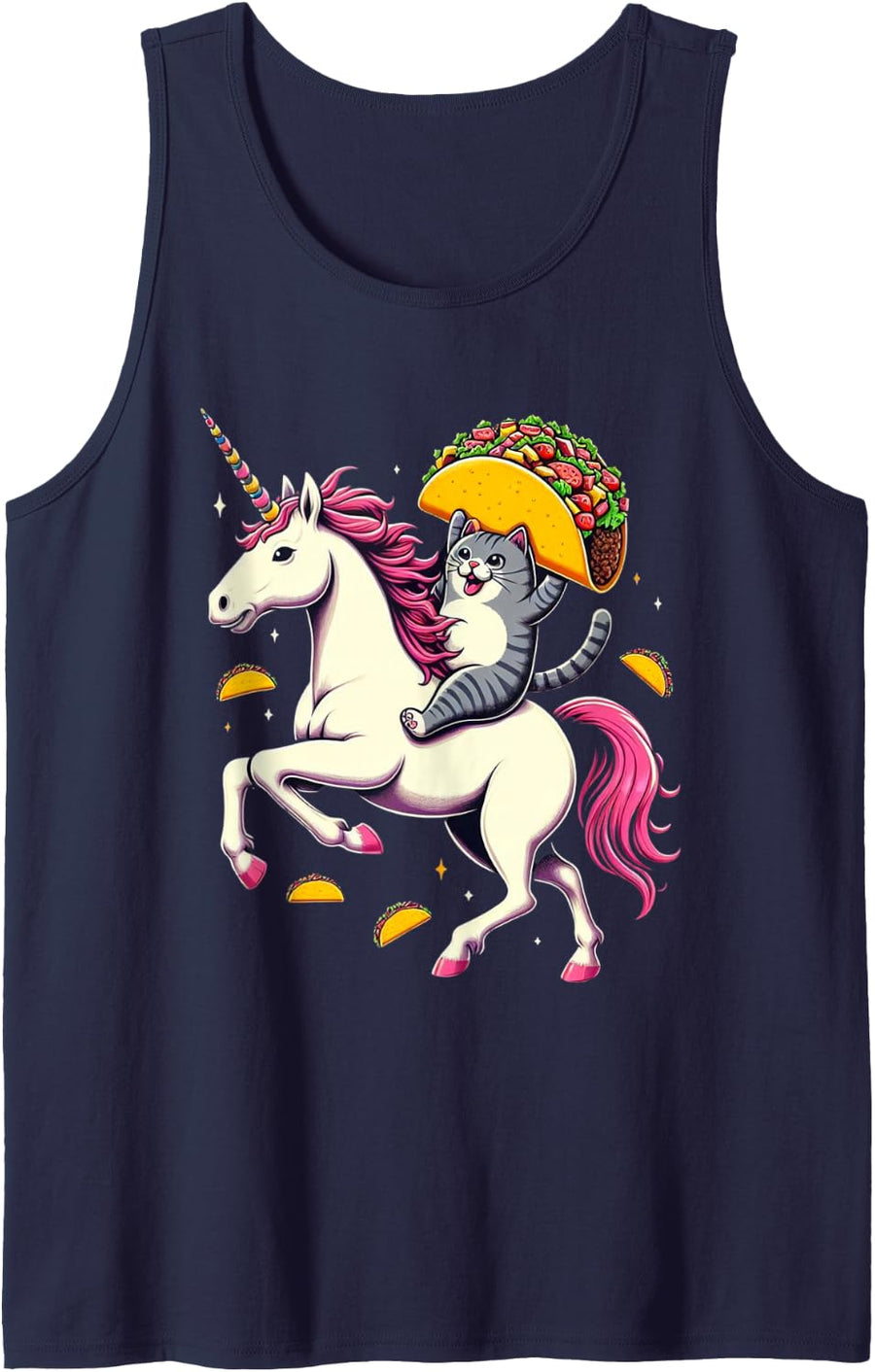 Cat Riding A Unicorn With Tacos Girls Boys Teens Women Kids Tank Top - Navy Blue