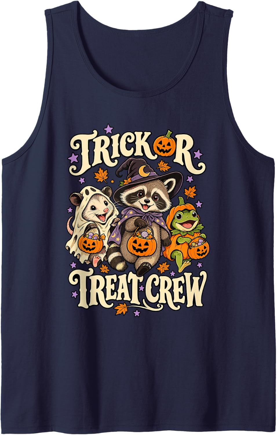 Cute Halloween Raccoon Witch Opossum Ghost Frog Pumpkin Sleeveless Tank Top - Navy Blue