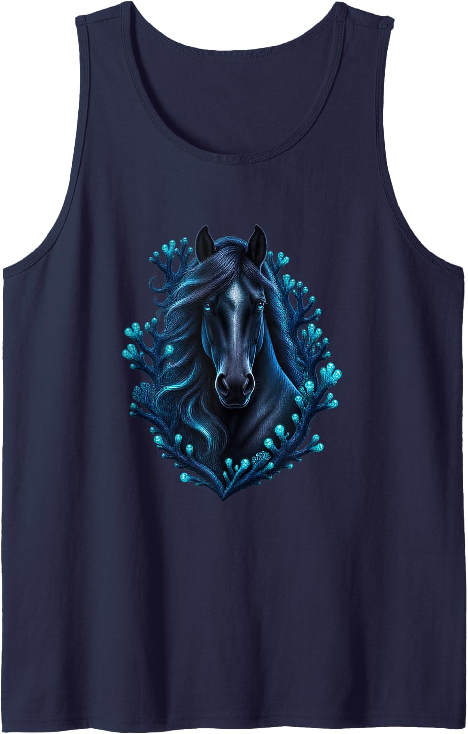 Horse with Teal Coral Branches Sleeveless Tank Top - Navy Blue