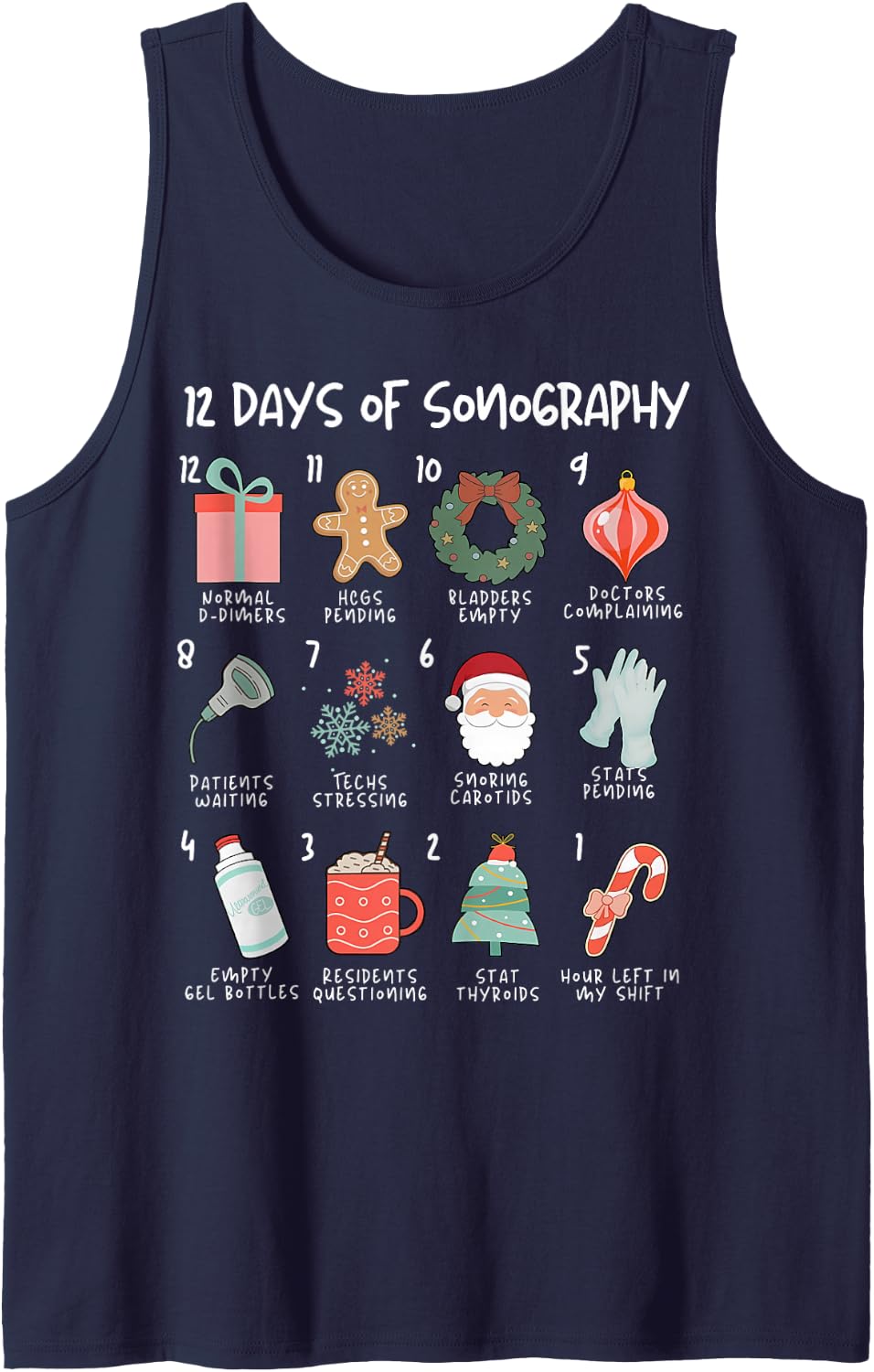 12 Days of Sonography Christmas Ultrasound Tech Sonographer Sleeveless Tank Top - Navy Blue