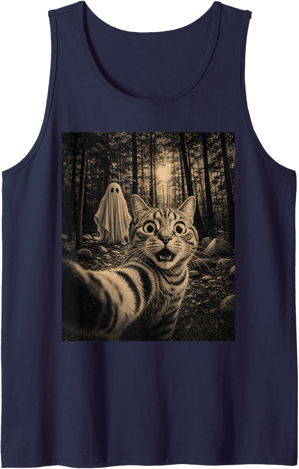 Halloween Tabby Cat Ghost Sheet Selfie Costume Men Women Kid Sleeveless Tank Top - Navy Blue