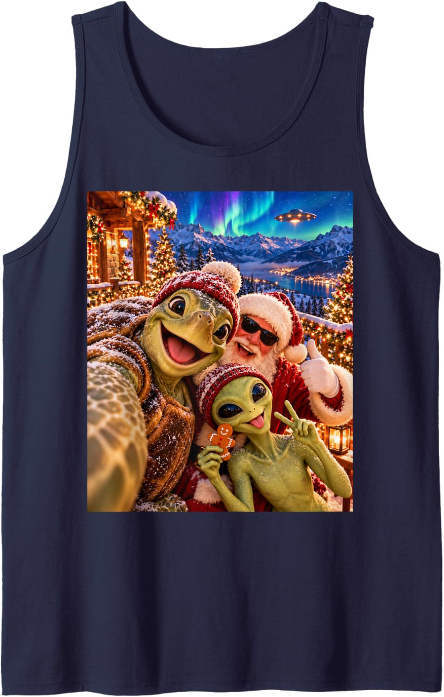 Turtle Silly Christmas Selfie with Santa and Alien Sleeveless Tank Top - Navy Blue