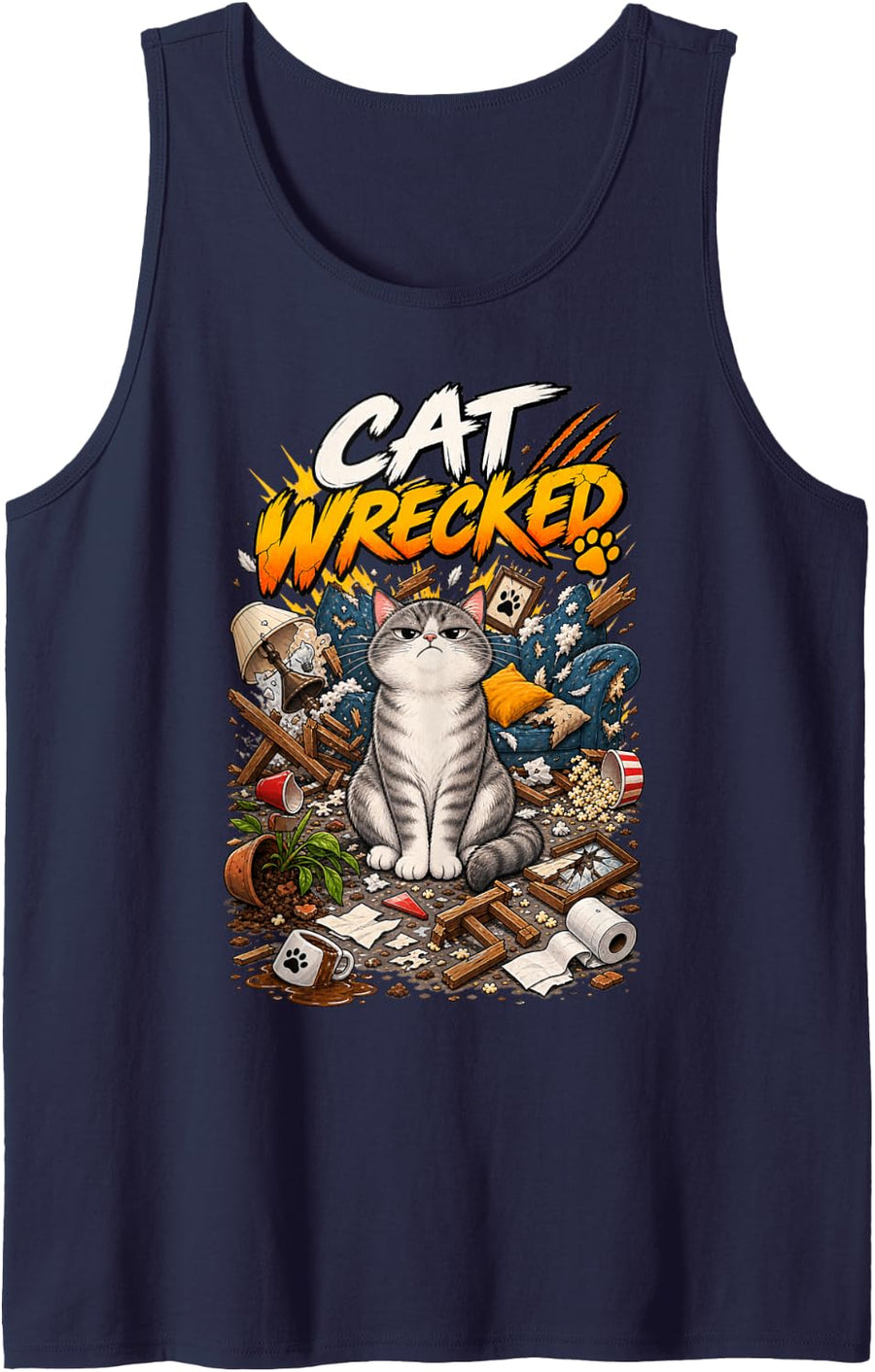 CAT Wrecked Funny Grumpy Unhappy Tabby Room Mess Sleeveless Tank Top - Navy Blue