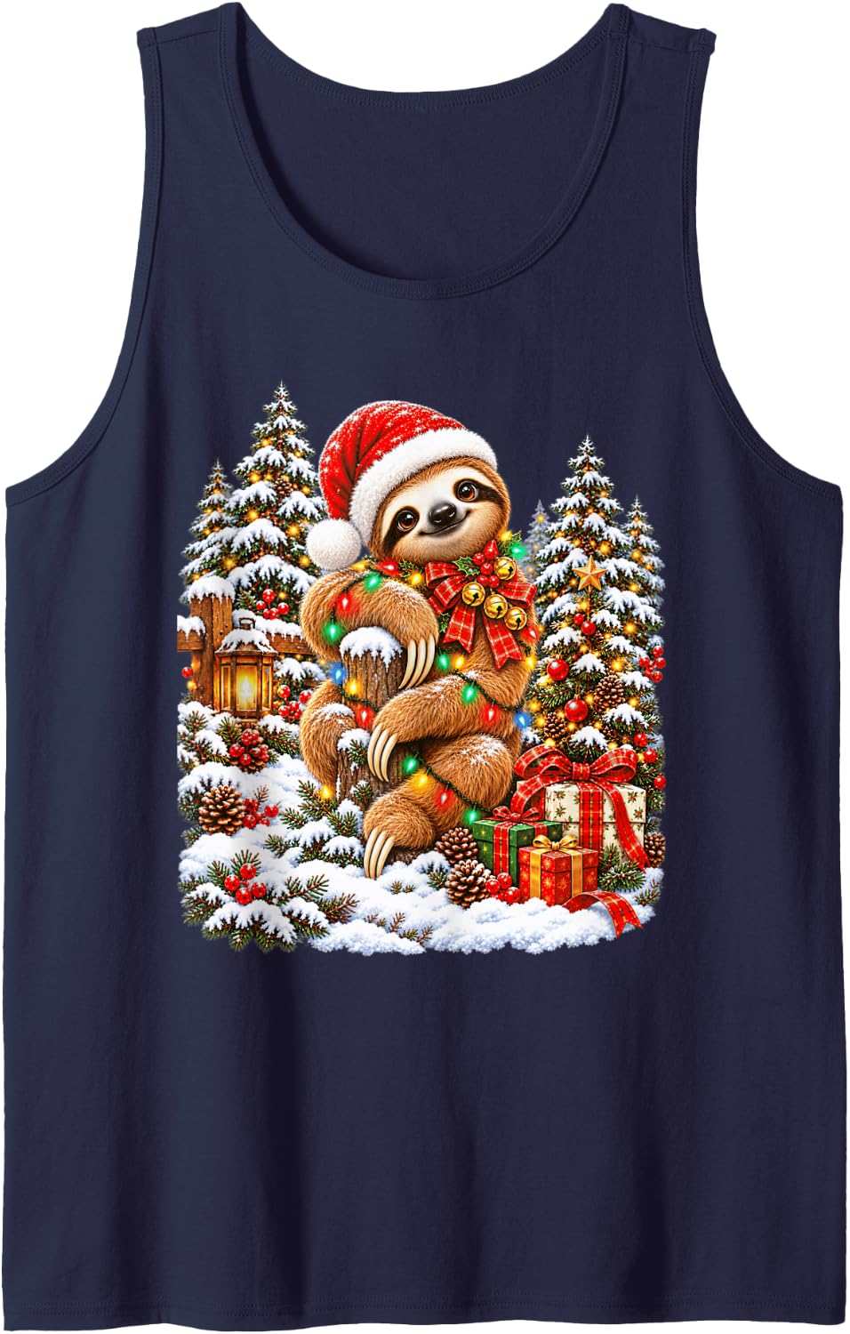 Festive Sloth Christmas Santa Snow Scene Sleeveless Tank Top - Navy Blue