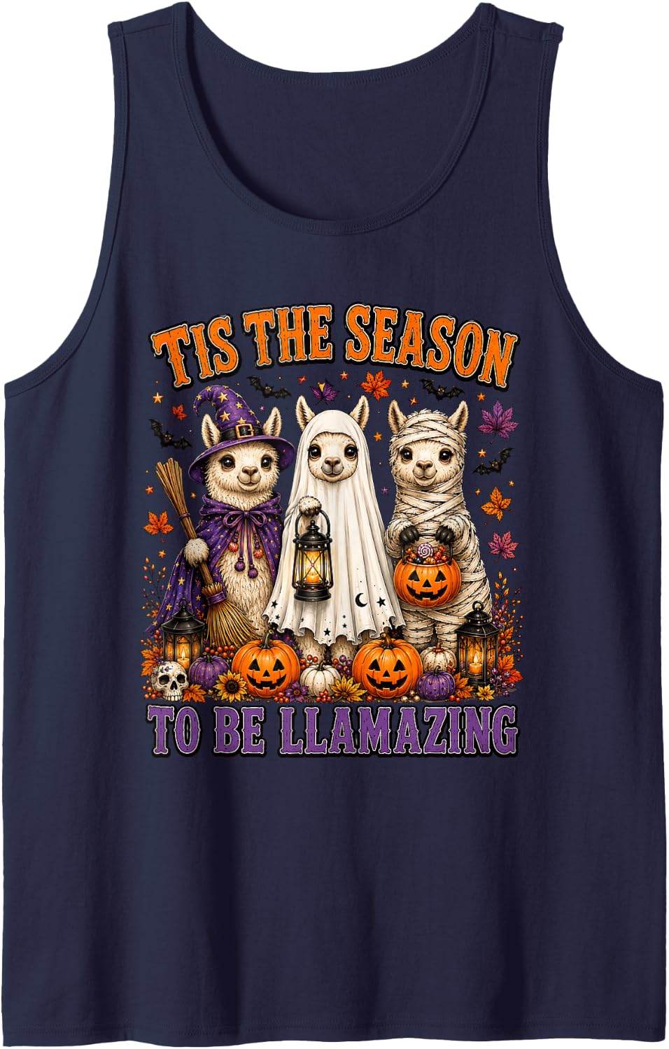 Tis The Season Halloween Llama Witch Ghost Llama Lovers Sleeveless Tank Top - Navy Blue