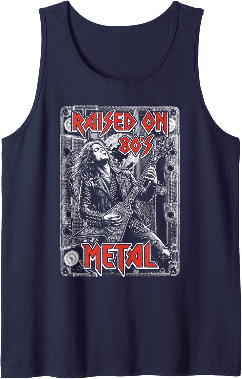 Raised On 80's Metal Music Cassette Electric Guitar Sleeveless Tank Top - Navy Blue