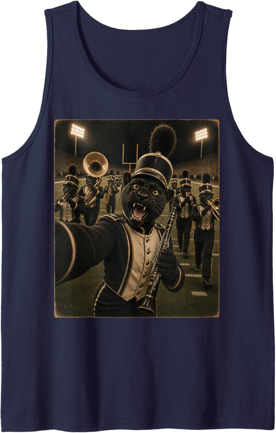 Clarinet Panther Funny Vintage Selfie Halftime Pep Rally Sleeveless Tank Top - Navy Blue