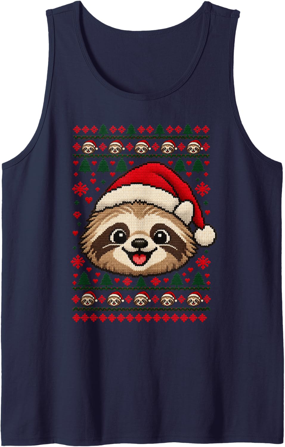 Happy Sloth Christmas Dog Santa Hat Ugly Sweater Sleeveless Tank Top - Navy Blue