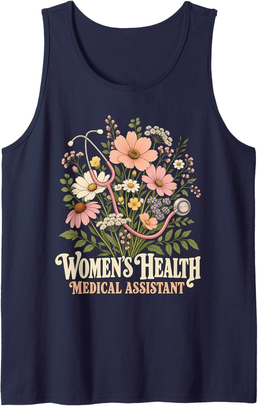 Womens Health Medical Assistant OBGYN Floral Sleeveless Tank Top - Navy Blue