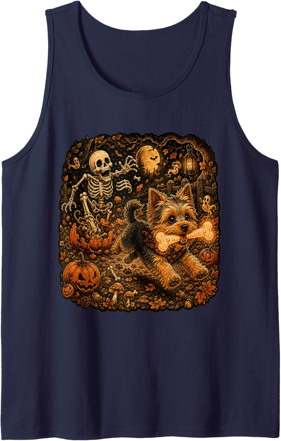 Ghost Bone Spooky Yorkie Skeleton Funny Halloween Dog Tank Top - Navy Blue