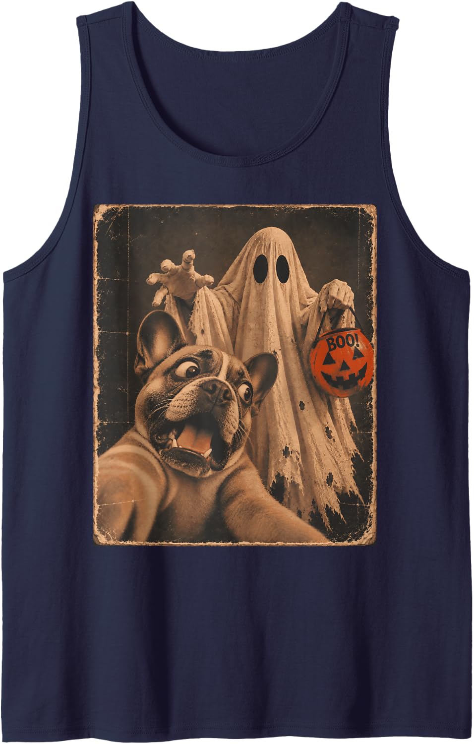French Bulldog Dog Ghost Selfie Boo Halloween Costume Sleeveless Tank Top - Navy Blue