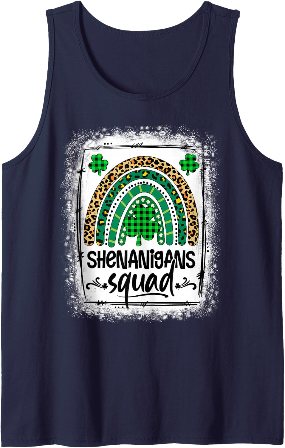 Shenanigans Squad Leopard Rainbow Shamrock St Patrick's Day Sleeveless Tank Top - Navy Blue