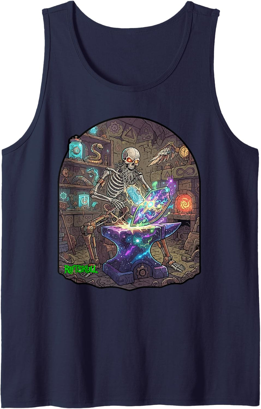 Skeleton Norse Blacksmith Heavy Metal Gothic Dark Fantasy Sleeveless Tank Top - Navy Blue