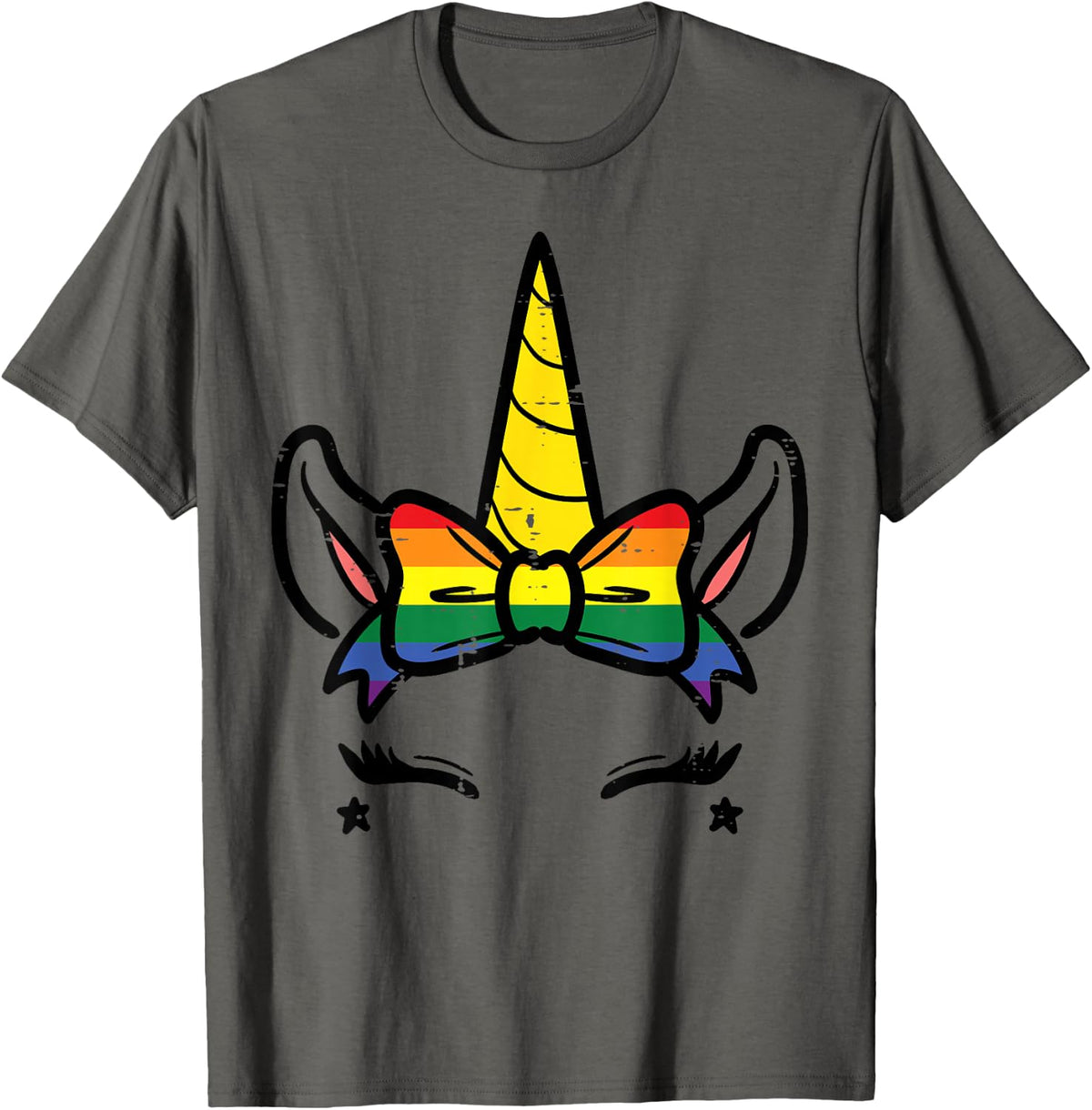 Gay Pride Unicorn Face Head Rainbow Flag Lgbtq Girls Kids T-Shirt - Asphalt Grey