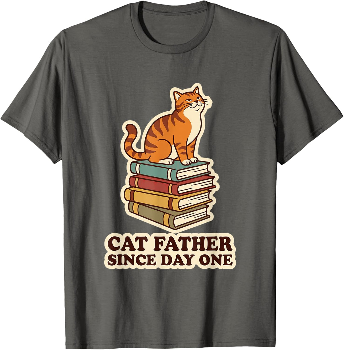 Orange Tabby Cat Sitting On Books Cat Dad Book Lover Quote T-Shirt - Asphalt Grey