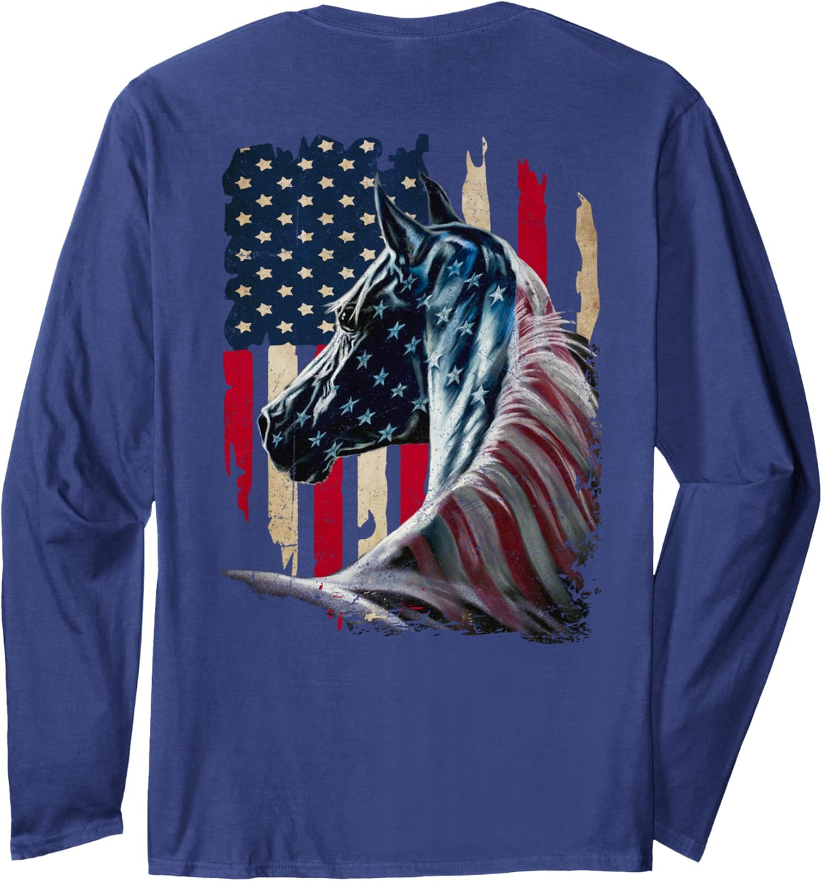 Patriotic Horse American Flag - Horse Vintage Print on Back Long Sleeve T-Shirt - Adult Unisex Navy Blue