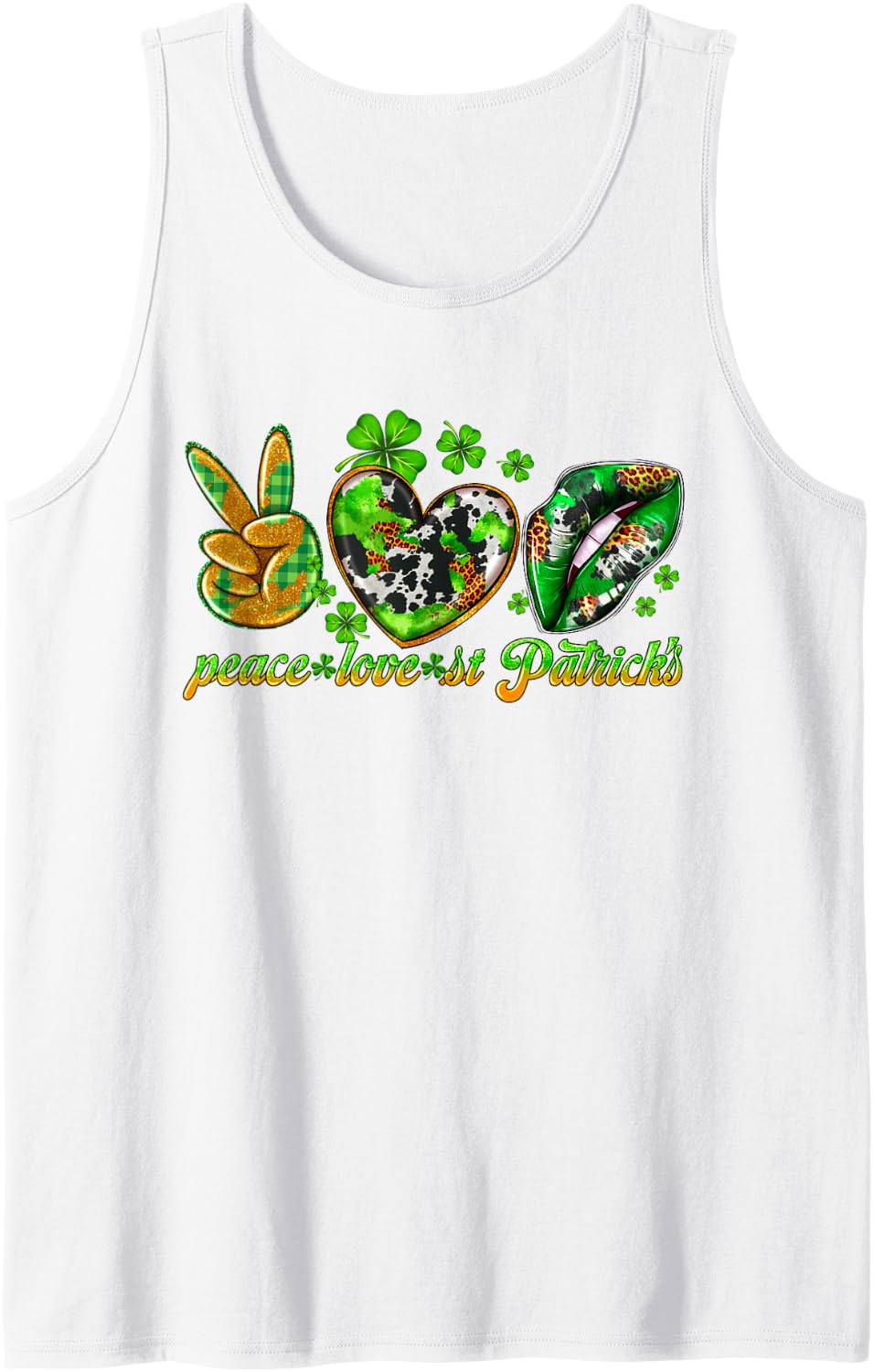 Peace Love St Patricks Day Plaid Hearts Irish Leopard Lips Sleeveless Tank Top - White