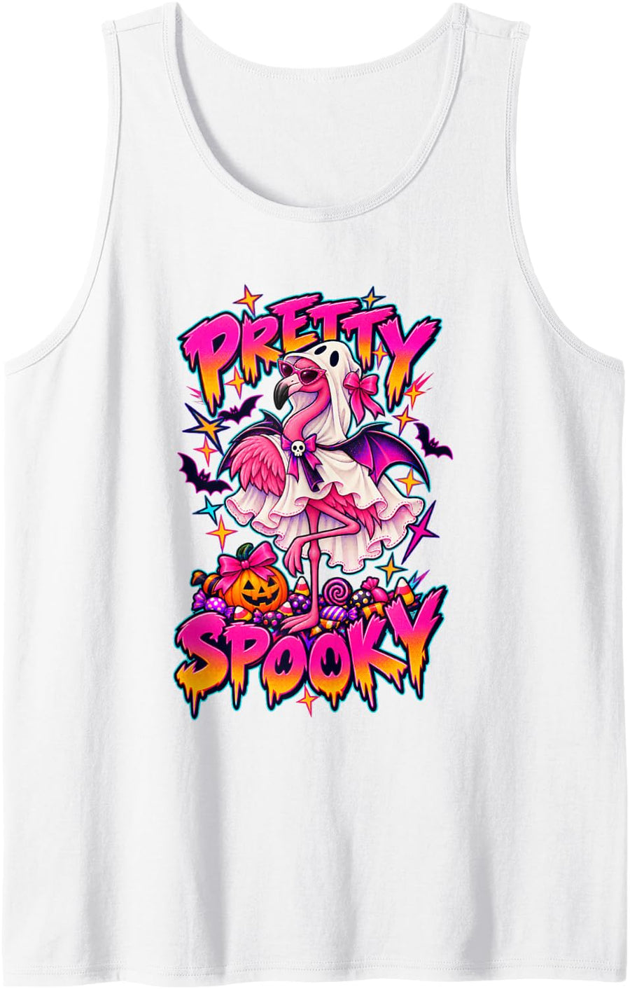 Pink Flamingo Ghost Halloween Costume Bats Candy Women Sleeveless Tank Top - White