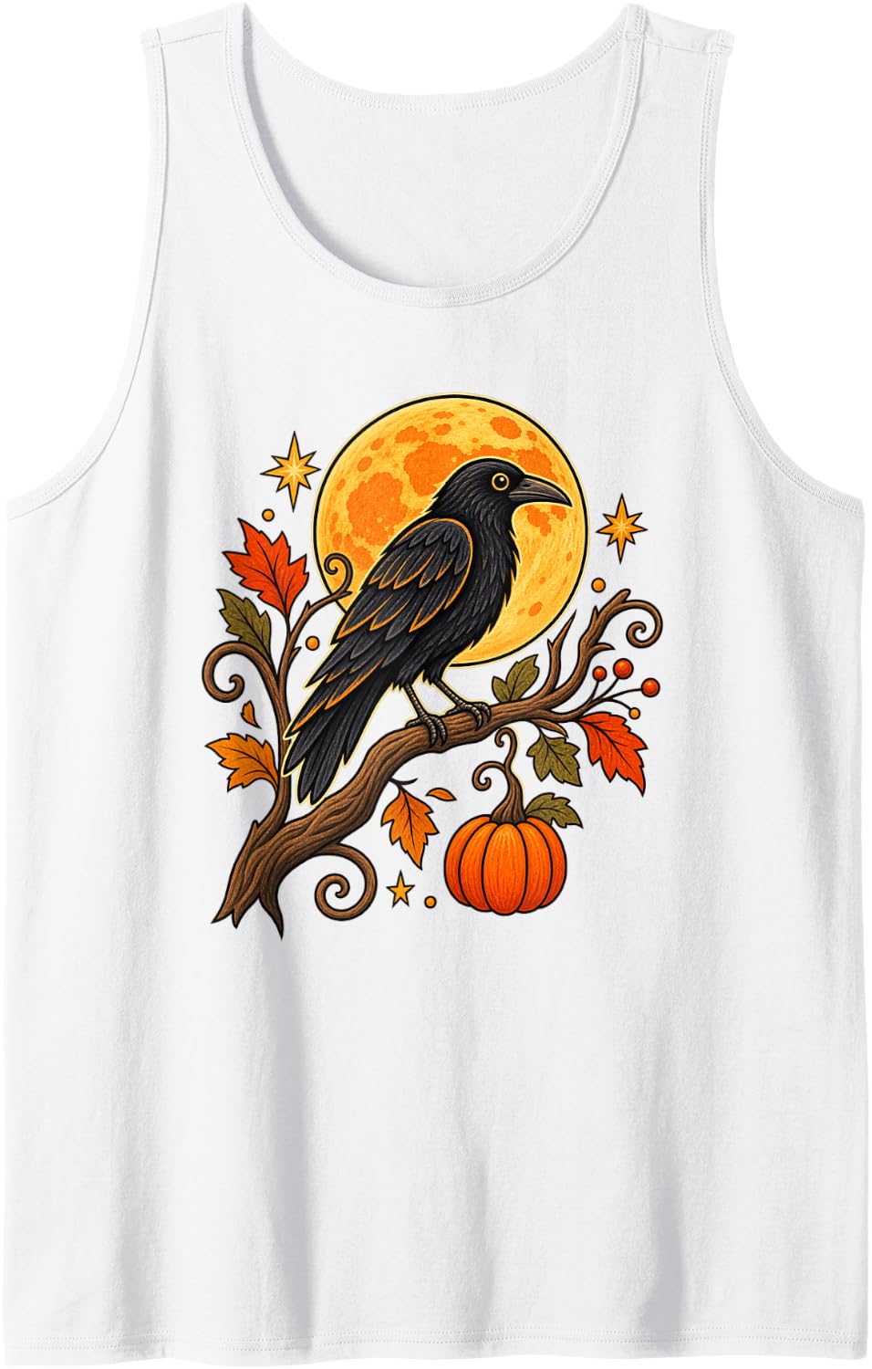 Crow Halloween Folk Art Harvest Moon Pumpkin Sleeveless Tank Top - White