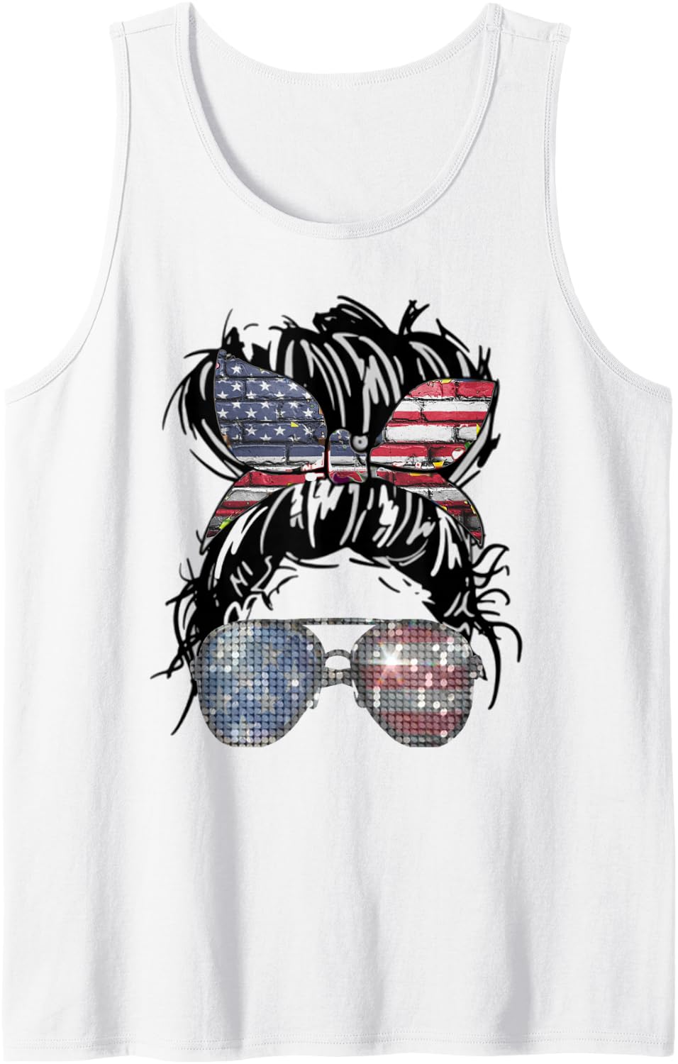 Messy Bun American Flag Glasses 4th of July Patriotic Tank Top - White