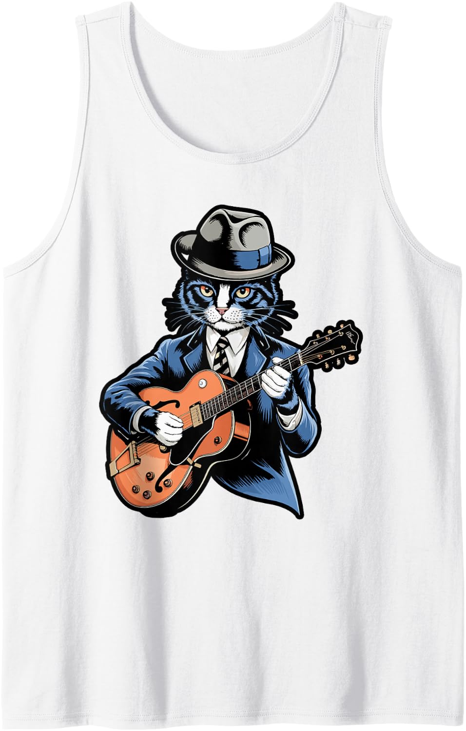Jazz Blues Rock Cat with Red Guitar Tank Top - White