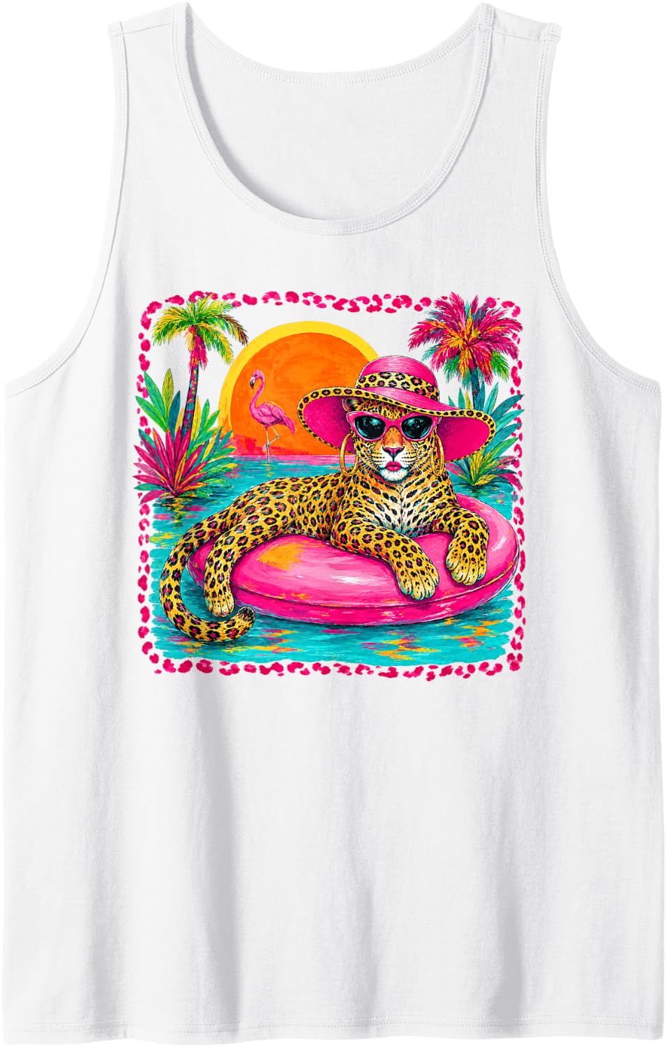 Leopard Pool Float Tropical Colorful Summer Animal Sleeveless Tank Top - White