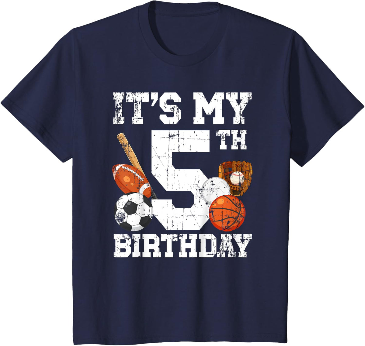 Kids 5th Birthday Sports Birthday Party Five Year Old Boy Bday T-Shirt - Navy Blue